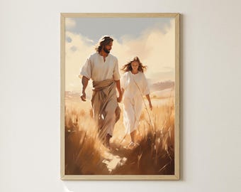 Guided by Grace, Jesus Walking with Woman Art, Jesus and Girl Art, Adult Baptism Gift, Christian Wall Art, Bible Verse, Digital LDS Painting