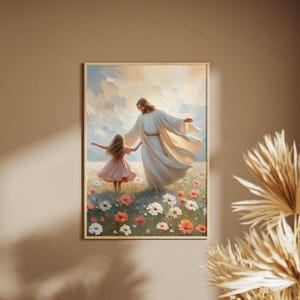 May include: A painting of Jesus Christ and a young girl walking through a field of flowers. Jesus is wearing a white robe and the girl is wearing a pink dress. The sky is blue and there are clouds in the background.