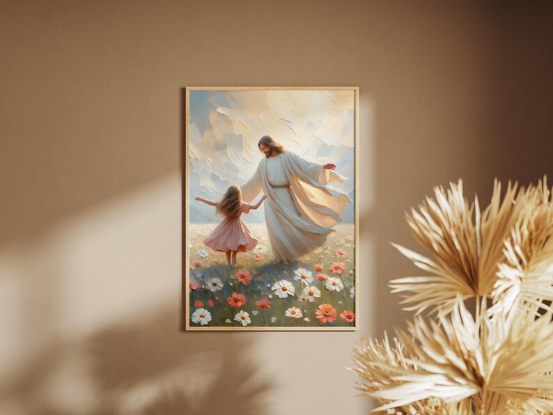 May include: A painting of Jesus Christ and a young girl walking through a field of flowers. Jesus is wearing a white robe and the girl is wearing a pink dress. The sky is blue and there are clouds in the background.
