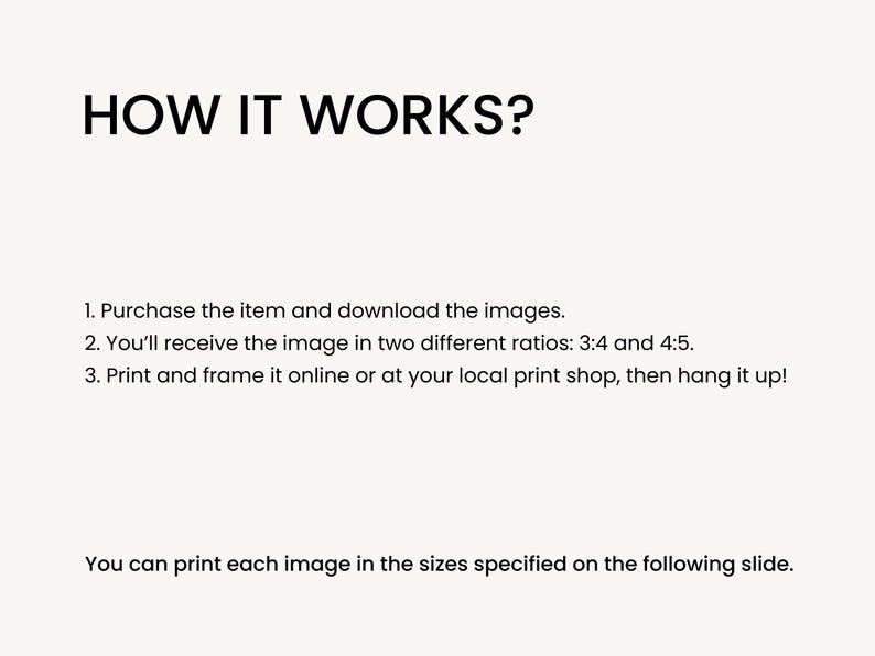 Puede incluir: C&oacute;mo descargar e imprimir ilustraciones digitales. Instrucciones para comprar e imprimir ilustraciones digitales en dos relaciones de aspecto diferentes: 3:4 y 4:5. Puedes imprimir cada imagen en los tama&ntilde;os especificados en la siguiente diapositiva.