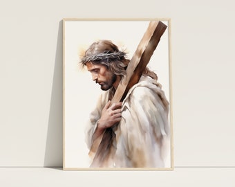 Jesus Christ Print, Jesus Carrying Cross, Good Friday Print, Crucifixion of Jesus, Holy Friday Print, Jesus Printable, Digital Download