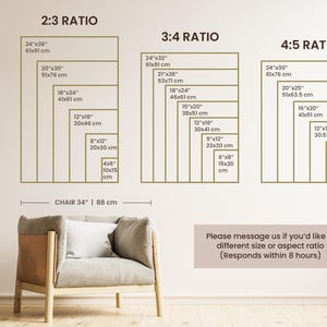 May include: A chart showing different aspect ratios for wall art, with measurements in inches and centimeters. The chart includes 2:3, 3:4, and 4:5 ratios. The text "Please message us if you'd like a different size or aspect ratio (Responds within 8 hours)" is at the bottom of the chart.