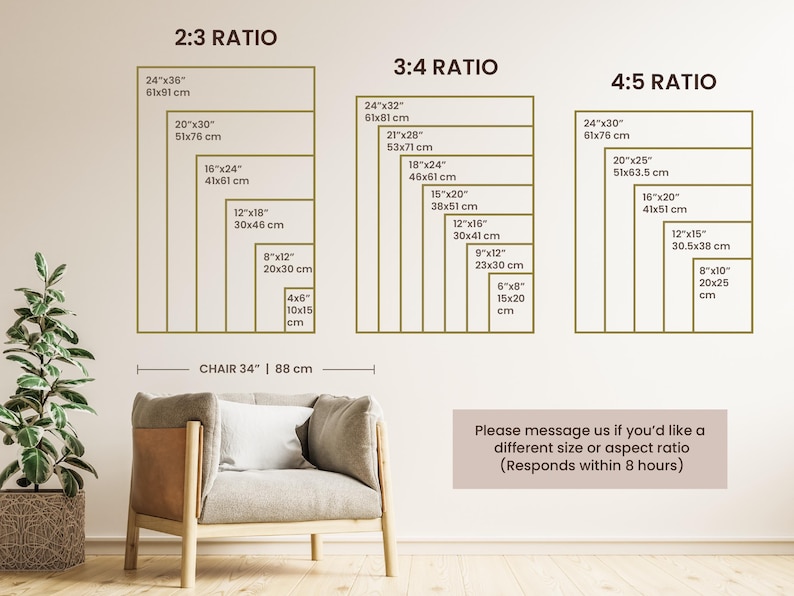 May include: A chart showing different aspect ratios for wall art, with measurements in inches and centimeters. The chart includes 2:3, 3:4, and 4:5 ratios. The text "Please message us if you'd like a different size or aspect ratio (Responds within 8 hours)" is at the bottom of the chart.