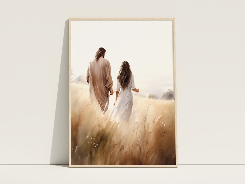 Jesus Walking With a Woman, Jesus Christ Print, Bible Art, Christian