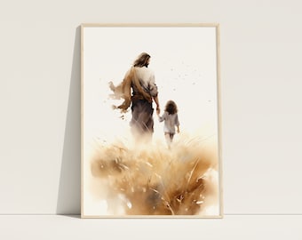 Jesus geht mit einem Kind, HLT-Taufgeschenk, Jesus Christus-Druck, Jesus Aquarellkunst, Jesus Christus druckbar, Jesus mit kleinem Mädchen
