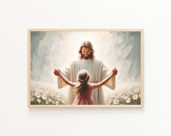 Querido Jesús y la niña SUD, Arte cristiano para niños, Pintura de Jesús, Arte mural con versículos bíblicos, Jesús con niños, Láminas cristianas