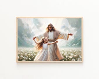Eternal Spring, Jesus Dancing with Little Girl, Modern Christian Art for Kids, Bible Wall Art, LDS Art, Jesus with Children, Jesus Painting