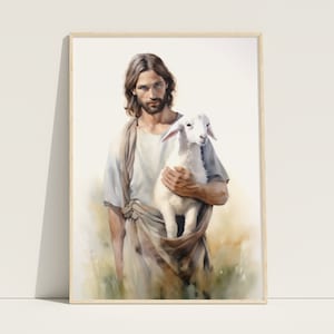 Jesus And Lamb Print, The Good Shepherd Art, Bible Print, Christian Wall Art, Jesus Painting, Jesus Leaves The 99, Jesus Poster,Church Decor