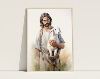 Jesus And Lamb Print, The Good Shepherd Art, Bible Print, Christian Wall Art, Jesus Painting, Jesus Leaves The 99, Jesus Poster,Church Decor