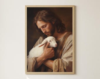 Jesus Holding Lamb Print, Christ Saves Lamb, Jesus And Lamb Art, Jesus Painting, Jesus Christ Portrait, Jesus Printable Digital, Christian