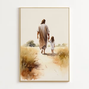 Peut inclure: Une peinture à l'aquarelle représentant un homme et une jeune fille marchant main dans la main sur un chemin de terre. L'homme porte une longue robe brune et la fille porte une robe blanche. L'arrière-plan est un champ d'herbe haute.