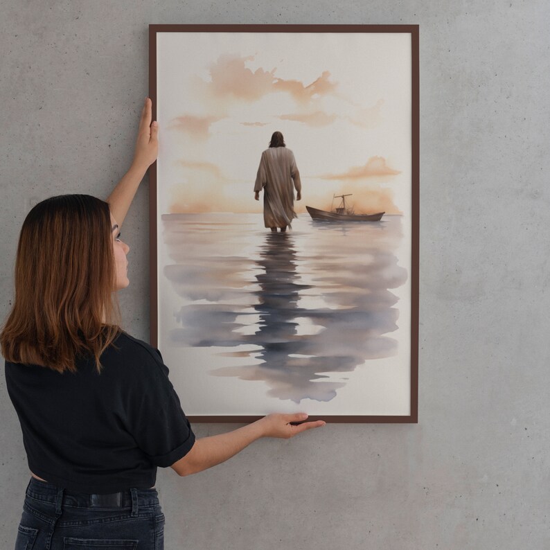 May include: A watercolor painting of a man walking on water towards a small boat. The painting has a light brown background with a cloudy sky and a reflection of the man in the water.