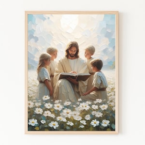 Lehren der Liebe, Jesus lehrt Kinder Wandkunst, Jesus mit Kindern druckbare, christliche Malerei, LDS Kindergarten Kunst, Kinder Bibel Kunstdruck
