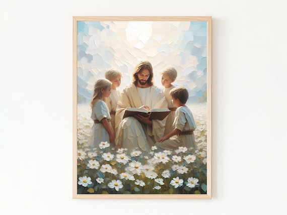 Lessons of Love, Jesus Teaching Children Wall Art, Jesus with Children Printable, Christian Painting, LDS Nursery Art, Kids Bible Art Print