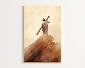 Jesus Carrying Cross Print, Jesus Cross Art, Jesus And Cross Printable, Jesus Crucifixion Art, Christian Print, Religious Wall Art,God Print