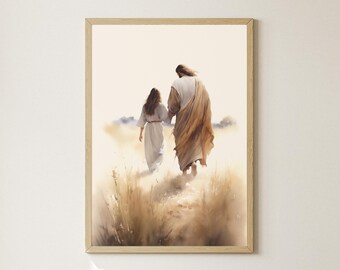 Jesus Walking with Woman, Modern Christian Art, Jesus and Woman Art, Bible Verse Wall Art, Jesus Painting, Christian Painting, LDS Art