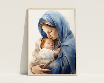 Mary and Baby Jesus Print, Mary Mother of God, Bible Art, Christian Wall Art, Virgin Mary Printable, Jesus Christ Baby, First Holy Communion
