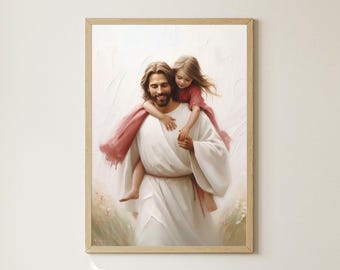 Joyful Ride, Jesus and Little Girl Print, Christian Nursery Wall Art, LDS Baptism Gift, Jesus with Children, Bible Artwork, Kids Room Decor