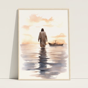 May include: A watercolor painting of a man walking on water towards a small boat in the distance. The sky is a soft orange and pink, and the water is a deep blue.