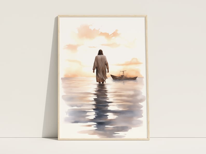 May include: A watercolor painting of a man walking on water towards a small boat in the distance. The sky is a soft orange and pink, and the water is a deep blue.