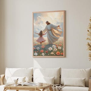 May include: A painting of Jesus Christ walking with a young girl in a field of flowers. The girl is wearing a pink dress and Jesus is wearing a white robe. The sky is blue and there are clouds in the background.