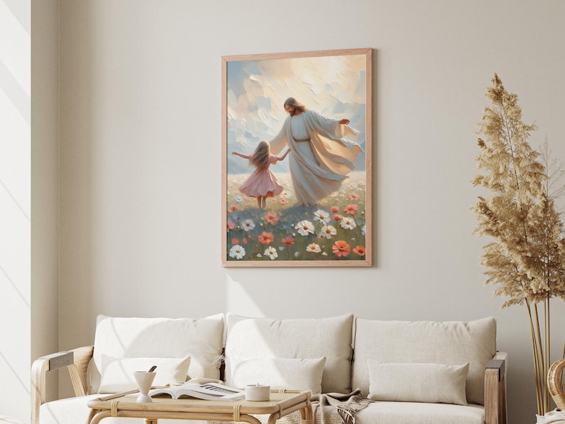 May include: A painting of Jesus Christ walking with a young girl in a field of flowers. The girl is wearing a pink dress and Jesus is wearing a white robe. The sky is blue and there are clouds in the background.