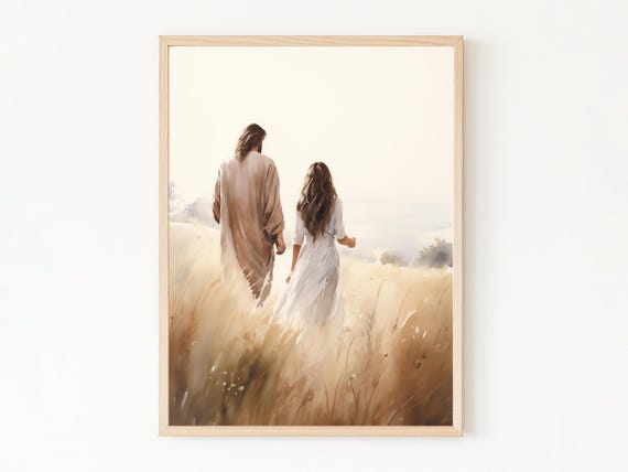 Jesus Walking With A Woman, Jesus Christ Print, Bible Art, Christian Wall Art, Jesus Watercolor Art, Lds Art, Jesus Picture, Christ Portrait