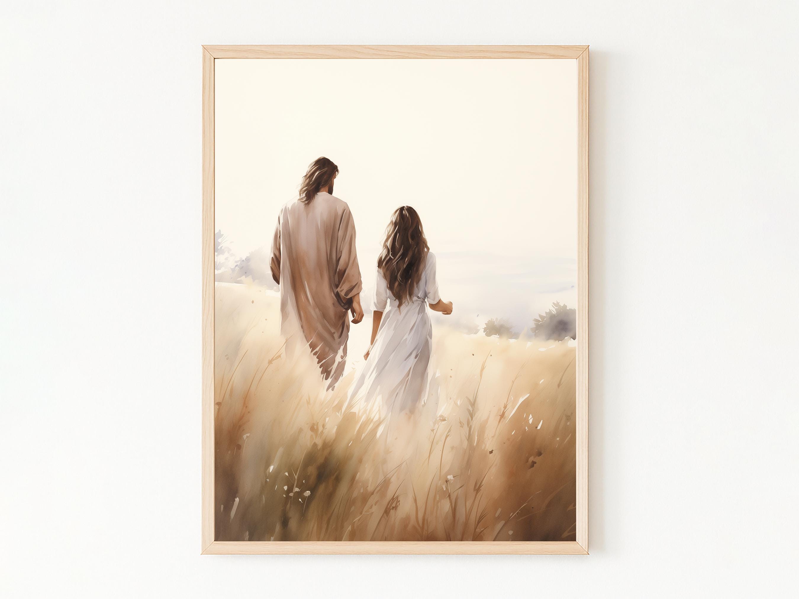 Jesus Walking With A Woman, Jesus Christ Print, Bible Art, Christian Wall Art, Jesus Watercolor Art, Lds Art, Jesus Picture, Christ Portrait