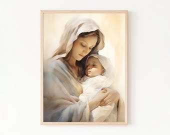 Maria und Jesuskind Druck, Maria Mutter Gottes, Bibelkunst, christliche Wandkunst, Maria druckbare Aquarellkunst, Madonna und Kind, katholische Kunst