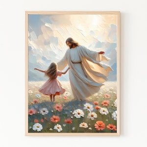 Una danza de gracia, Jesús y una niña bailando, arte SUD de niña pequeña, arte mural cristiano moderno, pintura bíblica para niños, impresión de Jesús con niños