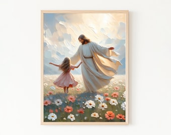 A Dance of Grace, Jesus and Girl Dancing, Little Girl LDS Art, Modern Christian Wall Art, Kids Bible Art Painting, Jesus with Children Print