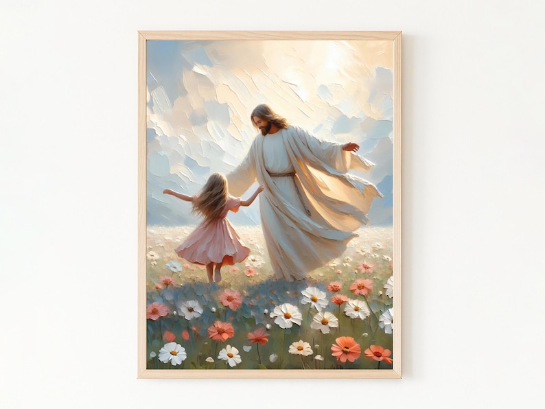 A Dance of Grace, Jesus and Girl Dancing, Little Girl LDS Art, Modern Christian Wall Art, Kids Bible Art Painting, Jesus with Children Print image 1