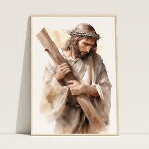 Jesus Christ Print, Jesus Carrying Cross, Crucifixion of Jesus, Christian Wall Art, Christian Home Decor, Jesus Cross Art, Good Friday