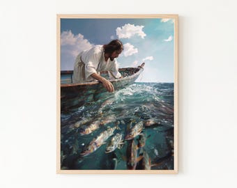 The Miraculous Catch of Fish, Digital Christian Artwork, Bible Verse Wall Art, Jesus Poster, Picture of Christ, Catholic Print, LDS Painting