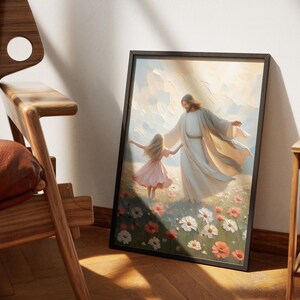 May include: A framed painting depicting a man in a white robe holding the hand of a young girl in a pink dress. They are walking through a field of flowers with a cloudy sky in the background.