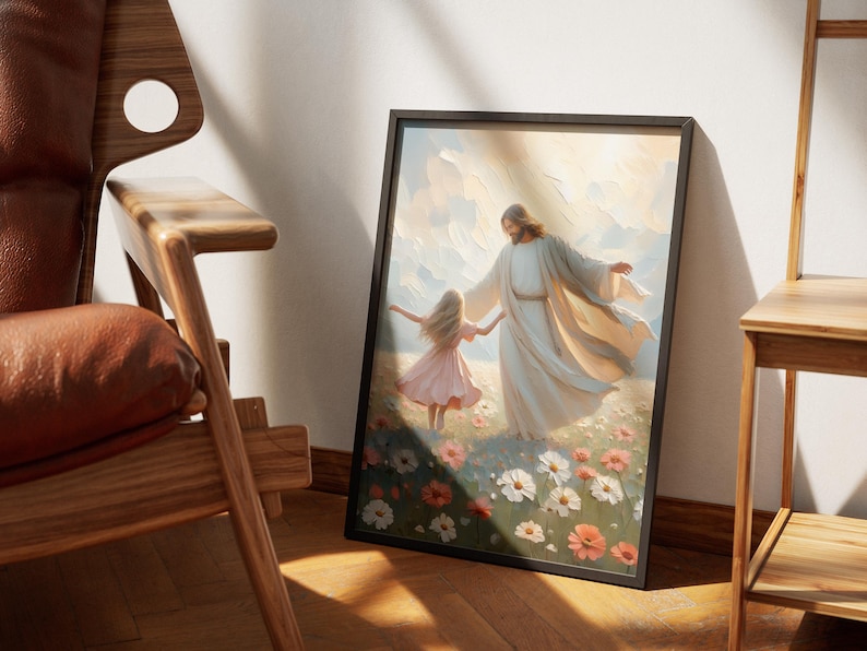 May include: A framed painting depicting a man in a white robe holding the hand of a young girl in a pink dress. They are walking through a field of flowers with a cloudy sky in the background.