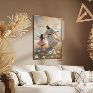 May include: A painting of a man in a white robe holding a young girl's hand as they walk through a field of flowers. The painting is framed in a wooden frame and hangs on a wall.