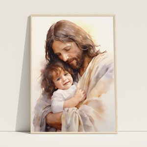 Jesus Hugging a Child, Jesus With Children, Jesus Christ Print, Jesus Watercolor Art, Baptism Decor, Digital Download, Jesus Children Art