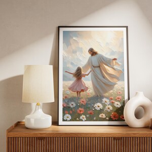 May include: A painting of Jesus Christ and a young girl walking through a field of flowers. Jesus is wearing a white robe and the girl is wearing a pink dress. The painting is set against a backdrop of blue sky and white clouds.
