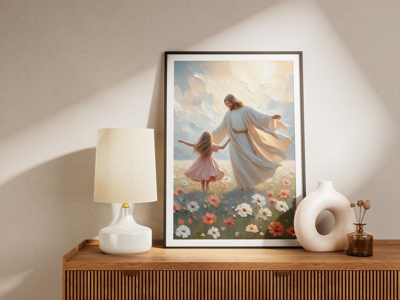 May include: A painting of Jesus Christ and a young girl walking through a field of flowers. Jesus is wearing a white robe and the girl is wearing a pink dress. The painting is set against a backdrop of blue sky and white clouds.