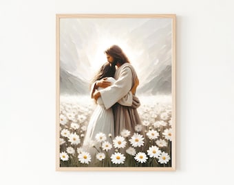 Blossoms of Love, Jesus Hugging Woman Art, Jesus and Woman Wall Art, Jesus Girl Painting, Jesus with Woman Print, Modern Christian LDS Art