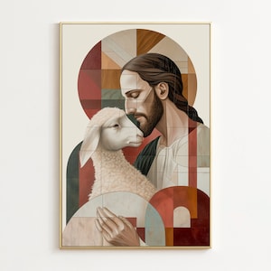 Jesus And Lamb Print, Jesus Artwork, Religious Wall Art, Hallway Decor, Jesus Leaves The 99, Church Decor, Christian Wall Art, Jesus Art