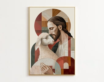 Jesus And Lamb Print, Jesus Artwork, Religious Wall Art, Hallway Decor, Jesus Leaves The 99, Church Decor, Christian Wall Art, Jesus Art