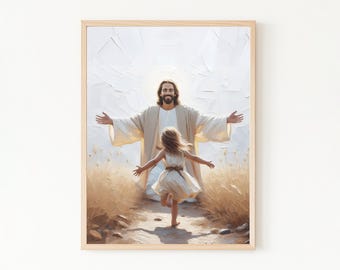 Into Love, Jesus and Little Girl LDS Art, Modern Christian Art for Kids, Bible Verse Wall Art, Jesus with Children Print, Jesus Painting