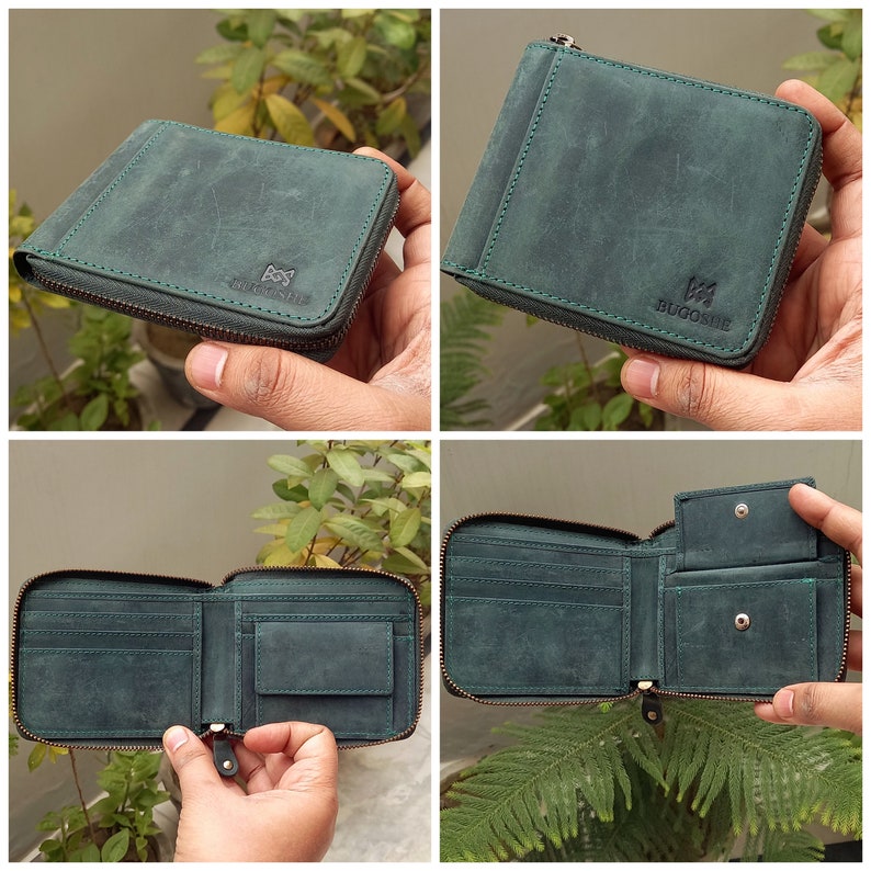 Cartera personalizada de cuero vintage / Cartera de cuero auténtico con cremallera / Cartera con bloqueo RFID / Cartera de cuero de grano completo con cremallera / Regalo para él imagen 5