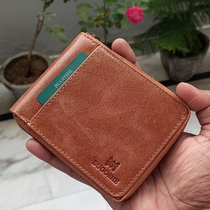 Cartera personalizada de cuero vintage / Cartera de cuero auténtico con cremallera / Cartera con bloqueo RFID / Cartera de cuero de grano completo con cremallera / Regalo para él imagen 4