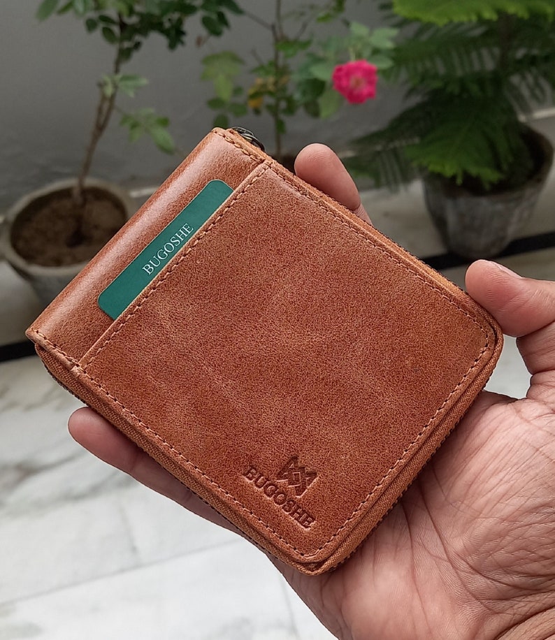 Cartera personalizada de cuero vintage / Cartera de cuero auténtico con cremallera / Cartera con bloqueo RFID / Cartera de cuero de grano completo con cremallera / Regalo para él imagen 4