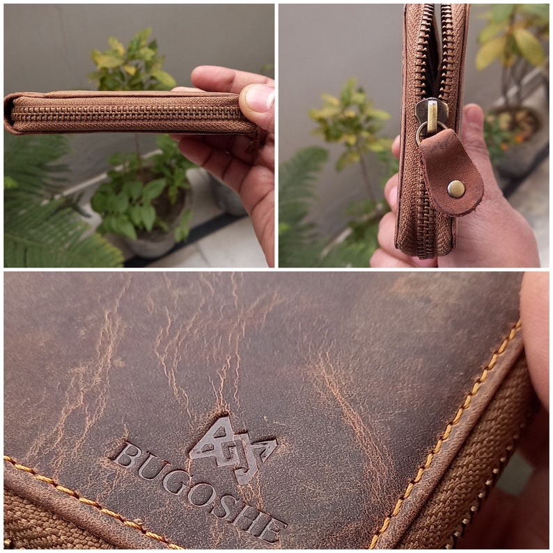 Cartera personalizada de cuero vintage / Cartera de cuero auténtico con cremallera / Cartera con bloqueo RFID / Cartera de cuero de grano completo con cremallera / Regalo para él imagen 3