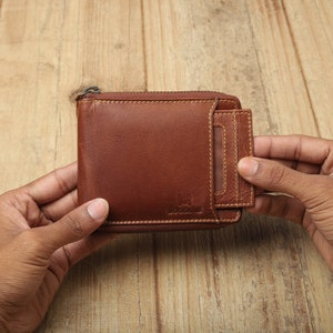 Cartera con cremallera RFID hecha a mano / Regalo del día del padre / Cartera personalizada para hombres / Regalo para él / Cartera de cuero con bolsillo en efectivo / Regalo perfecto para papá