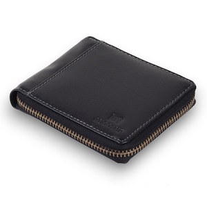 Cartera con cremallera para hombre de color negro, cartera personalizada, cartera de cuero plegable personalizada para hombre, cartera de cuero hecha a mano, regalo perfecto para papá
